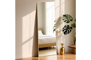 ABXMAS Full Length Mirror Square Right Angle with Aluminium Frame 163x53cm Gold, Protective Tempered Glass Floor Mirror, 64"x21" Wall Mirrors Practical and Stylish