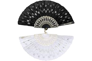 FURNRUBDEN NA 2pcs Peacock Pattern Sequin Fabric Hand Fan Black and White Lace Folding Fan Handheld Folding Fan for DIY Wall Decoration Parties Weddings The Dance Floor