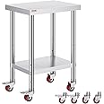 Mophorn Stainless Steel Catering Work Table 24x18 Inch Commercial Kitchen Table with 4 Wheels Commercial Food Prep Workbench with Flexible Adjustment Shelf for Kitchen Prep Table