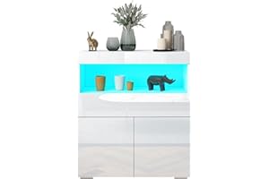 T AUNTY STORE Sideboard Modern Cabinet Storage Unit with 2 Doors 1 Drawer and Shelf 16 Colors LED Lights TV Cabinet Cupboard Unit for Living Room Dining Room Home Furniture White