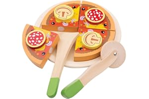 EITECH New Classic Toys Wooden Pretend Play Kids Cutting Pizza Salami Cooking Simulation Educational Perception Toy for Preschool Age Toddlers Boys Girls, Multi Color