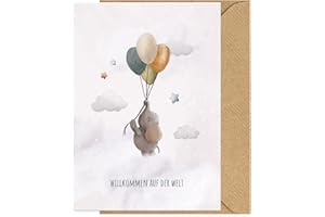 ‎KOKO LORA KOKO&LORA® Glückwunschkarte zur Geburt mit Umschlag "Willkommen auf der Welt" • moderne Grußkarte mit niedlichen Aquarell-Tieren für Mädchen und Jungen & Kraftpapier-Kuvert - Geschenk zur Geburt