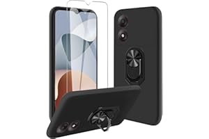 JDXHFF Hülle Kompatibel mit ZTE Blade A34 (6.6") Schwarz und 360° Drehbarer Ständer und Panzerglas Displayschutzfolie - Schutzhülle Weich Silikon Flexibel TPU Tasche Case Black