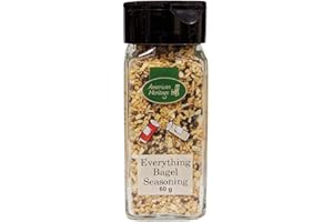 American Heritage Everything Bagel Seasoning, wszechstronna mieszanka przypraw z prażonym czosnkiem, cebulą, sezamem, makiem i kalifornijską solą morską, idealna do serka śmietankowego, 60 g