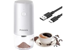 PRIMIZIA Elektryczny młynek do kawy z możliwością ponownego ładowania, młynek do kawy z regulacją wielkości ziarna, ceramiczny młynek do ziaren kawy, biały