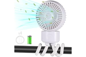 Kinderwagen Ventilator, Glovios 4500mAh Tragbarer Handventilator mit Flexiblem Stativ Clip Lüfter mit 3 Geschwindigkeiten, 120° Drehbar USB Tischventilator Leise Stroller Fan für Büro/Autositz/Camping