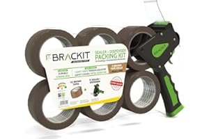 brackit Packing Tape with Dispenser, Brown 48mm x 66m, Pack of 6 Rolls – Strong Heavy Duty Packing Tape for Regular Use or Moving – Easily Seals Your Parcels and Boxes - Packaging Tape Dispenser