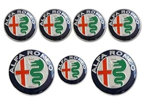 HHHX 7 Set 60mm Wheel Center Cap Emblem, Pour Alfa Romeo Brera 159 SW New Spider Giulietta Nouveau Logo 74mm Capot Tronc + Volant Badge Car Styling Accessoires