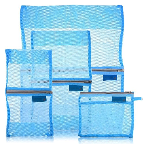 FakeFace 4er-Set Polyester Netz Stil Wäsche Organizer Tasche Aufbewahrungstaschen Kleidertasche Schminktasche Beautycase Gepäcktaschen Set für Koffer Packing Cubes Koffertaschen für Angenehme Reise (Blau)