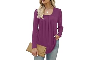 Sampeel Womens Long Sleeve Tops Ladies Sweatshirts Square Neck Jumpers Pleated Loose Fit Tunic
