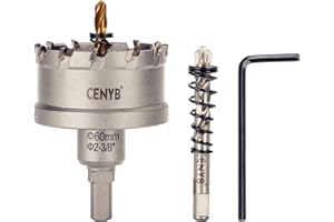 CENYB scie cloche metal 2-3/8" (60mm) à pointe en carbure de tungstène, avec 2 forets pilotes titanées - Idéale pour métaux durs, acier inoxydable, fer,alliage d'aluminium, bois et plastique