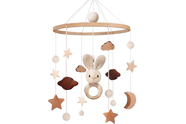 Mobile en bois pour bébé - Cloche de lit - Carillon éolien avec nuages et étoiles - Crochet amovible - Lapin - Jouet mobile pour chambre de bébé - Cadeau pour filles et garçons