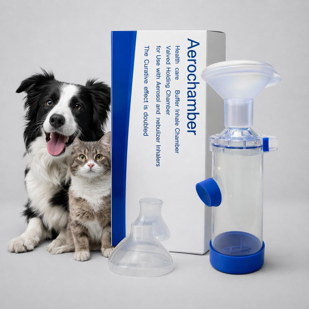 Rurbeder Cámara de Aerosol para Mascotas,máscaras 2 tamaños, con indicador Flujo respiración, Compatible Cualquier MDI Mascotas, Ayudar a Las Mascotas Respirar y distribuir medicamentos inhalador gato