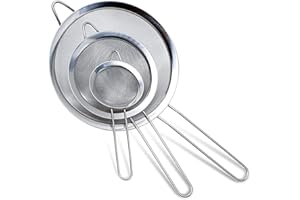 KNOOR Stainless Steel Fine Mesh Strainers, Set of 3 Sizes 7cm |12cm & 18cm, Wire Sieve with Insulated Handle Kitchen Strainer, Baking Tools Colander, Food Preparation, Flour Sifter, Rice, Pasta Strainer
