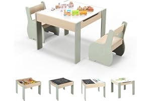 GOPLUS Table Enfant avec 2 Chaises, 4 en 1 Table d’Activité avec Plateau Rabattable à Double Face Tableau Noir/Blanc, Petit Bureau Enfant avec Rangement pour 3-6 Ans, Charge 30KG, Vert
