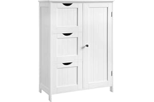 ‎VASAGLE VASAGLE BBC49WT Szafka łazienkowa do przechowywania, szafka łazienkowa z 3 szufladami, wolnostojąca, z 1 drzwiami, regulowana półka, 30 x 60 x 81 cm, biała chmurka