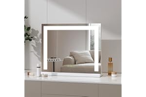 Meykoers Hollywood Espejo de Maquillaje con luz, 50x42cm, Espejo de Maquillaje con Iluminación LED, Espejo de Mesa con Interruptor táctil, Tres Colores de luz, Regulable, Blanco