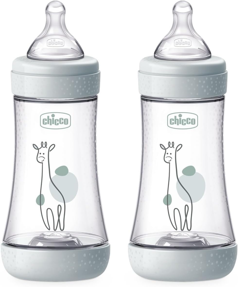 Chicco PERFECT 5 2 Biberón anticólicos de 240 ml, Doble biberón de flujo medio para 2 meses + con tetina de silicona suave, biberón similar al pecho materno, biberón para lactancia mixta, gris