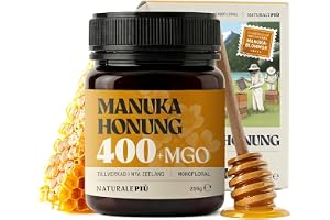 NaturalePiù Manuka Honung 400+ MGO 250 g – Rå Manukahonung | från Nya Zeeland, Certifierat Methylglyoxalinnehåll, Laboratorietestad, Ren och Naturlig utan Tillsatser