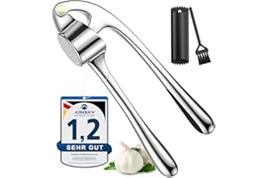 Kimsky Knoblauchpresse, Knoblauchschneider Garlic Press, zum Extrahieren von mehr Knoblauchpaste, Knoblauch Crusher Praktischer Küchenhelfer mit Knoblauchschäler und Reinigungsbürste, Zink, Silber