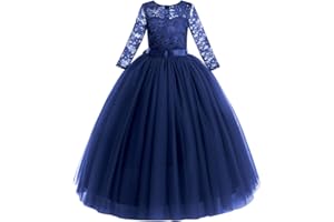 IBTOM CASTLE Flower Girls Party Princess 3/4 Sleeve Maxi Floor Length Dress Kids Floral Lace Pageant Ceremony Carnival Wedding Bridesmaid Communion Birthday Cocktail Evening Dance Prom Ball Gown 2-14 Years