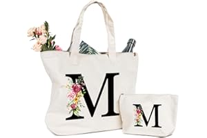 SINEKONG Personalizzata Iniziali Borsa Tela Shopper Cotton Canvas, Cosmetica per Donna Sposa Damigella - Idea Regalo Mamma, Compleanni, Matrimonio