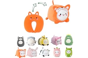 JOYRAVO Dziecięca poduszka podróżna 2 w 1, odkształcalna poduszka pod kark, miękka poduszka w kształcie litery U z uroczymi pluszowymi zabawkami, przytulny towarzysz spania i zabawy w samolotach i w