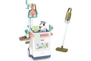 NaXew Kids Cleaning Trolley Set Includes Real Working Vacuum Cleaner, Dustpan, Brush, Broom, Spray Bottle and more