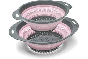 JQKX Collapsible Colander,BPA Free Silicone Colanders & Food Strainers with Plastic Handles Vegetable and Fruit Kitchen Draining Pasta Foldable Strainer Colander Dishwasher Safe Set of 2 Pink