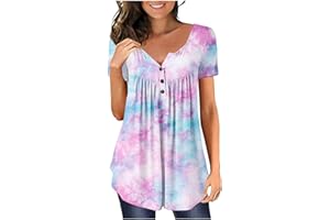 QI_LIANG Tank Tops for Women, Cool Valentine's Day Tunic Womens Swing Essential Short Sleeve College Henley Button-Dow Tunic Relaxed Fit Gradient Color Cotton Tunic Woman