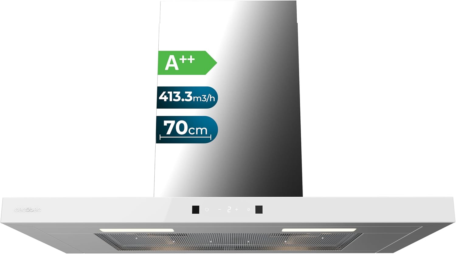 Cecotec Campana Extractora en forma de T Bolero Flux TT 704400 Inox A++, 70cm, 413,3m³/h de succión, Clase A++, Control Táctil Invisible, Hand Movement Control, Función Booster, Filtros Lavables