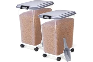 Nobleza - Pack of 2 Pet Food Containers, 40 L, for Pets, Food Box with Wheels, Hinged Lid, Airtight, Transparent, Wheels and Scoop, for Dogs and Cats, Grey