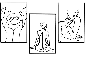 Huspox 3 Piece Metal Minimalist Wall Art, Female Framed Wall Decor for Bedroom Living Room Bathroom (Black)