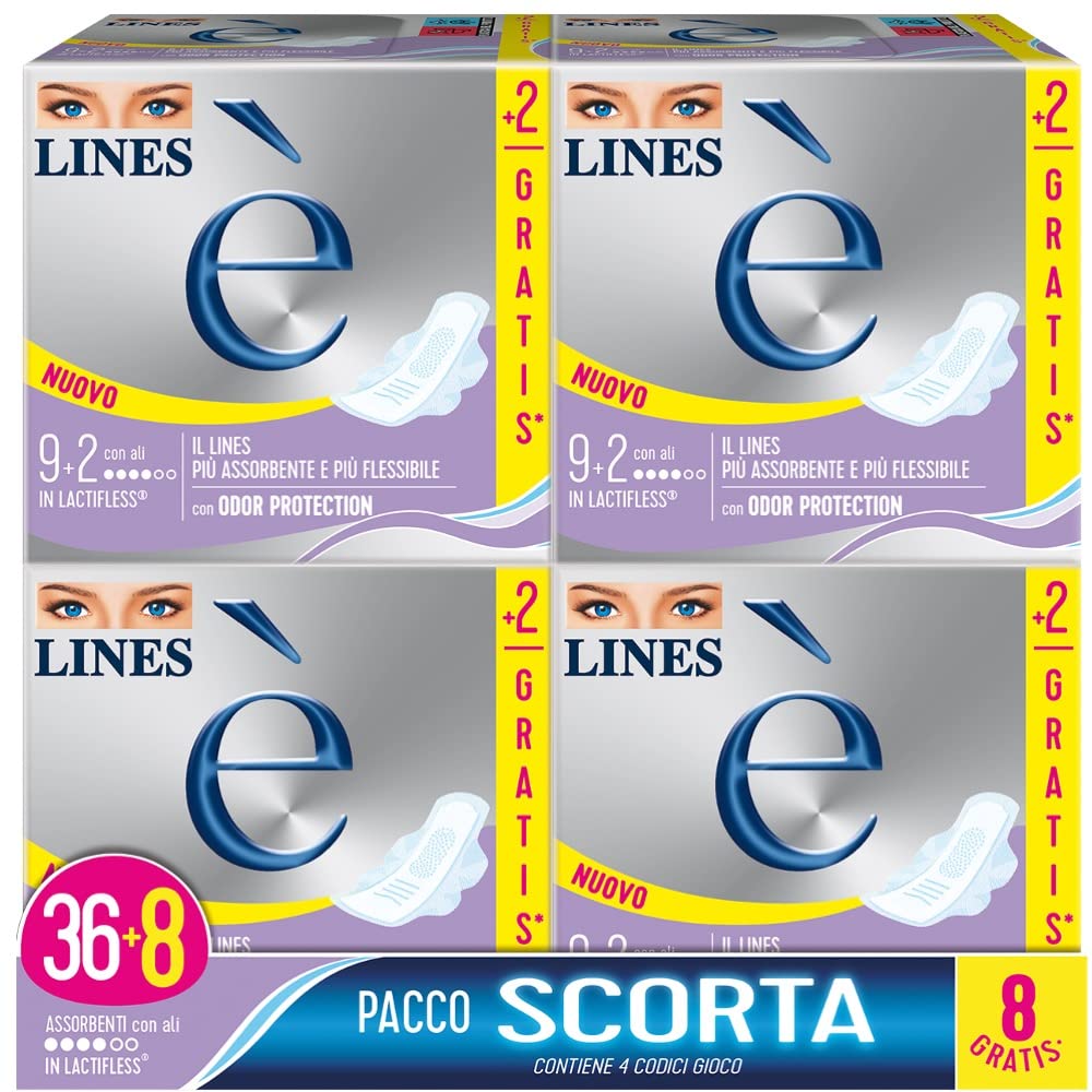 LINES È GIORNO con ali, Pacco scorta da 44 assorbenti per ciclo mestruale, l'unico con struttura in Lactifless, il più assorbente e flessibile della gamma Lines, con Odor Protection