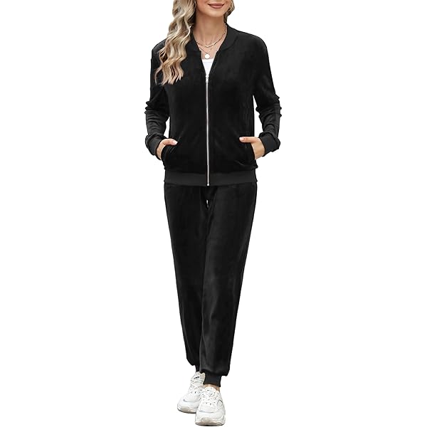 Woolicity Fluwelen pak voor dames, 2-delige set fluwelen pakken met doorlopende ritssluiting, sweatshirt met capuchon en joggingbroek, Donkerblauw, XXL