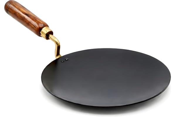 Pure Iron Tawa with Wooden Handle for Roti/Chapati Heavy Base Cooking Pan for Multipurpose Uses & Health Benefits Curved Surface, Non-Toxic & No Chemical Layers (ROTI TAWA, 1.2 KG)