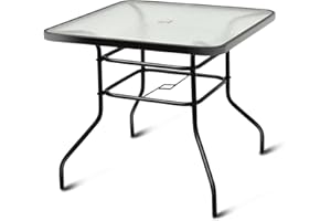 TANGZON Garden Dining Table with Parasol Hole, Tempered Glass Top Steel Frame Patio Table with Bottom Holder, Outdoor Coffee Bistro Table for Balcony Backyard Poolside (Square, 80 x 80 x 70cm)