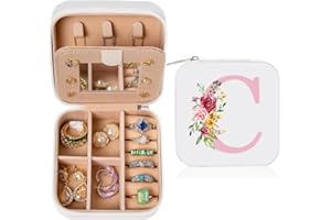 hamatata Joyero con Nombre Inicial C joyero Pequeña Portátil Joyero Viaje con Espejo Mini Joyero Personalizado Organizador de Joyas para Mujer Niña Regalo de Cumpleaños Día de la Madre Navidad Blanco