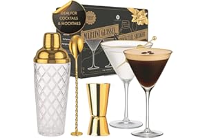 VEMACITY - Set da Cocktail - Shaker da Cocktail in Vetro Oro con Filtro Integrato + Bicchieri da Martini Espresso con Bordo Dorato, Cucchiaio da Bar e Misurino | Ideale per Natale e Capodanno