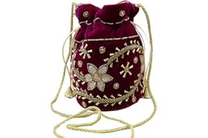 ELEVANTY Bombonera Hindú, Bolso de mano elegante, casual y fiesta. Terciopelo moradocon cordones y bordado de flores doradas