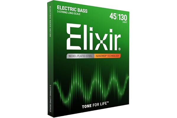 Cordes Elixir® en Acier plaqué Nickel avec revêtement NANOWEB® pour basse 5 cordes, Long Scale, Light (.045-.130)