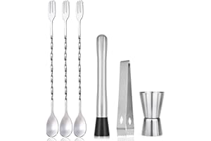 OYAYUBI Professioneller Getränkemixer, Mixer-Stößel aus Edelstahl, Rührlöffel,Mixer-Toolkit zum Debuggen köstlicher Cocktails,Getränke und Säfte, 3 Stück Cocktaillöffel Barlöffel, Messbecher, Eine Eiszange