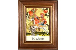 HINTERGLASWERKSTÄTTEN 'Hinterg Lasw Erkstätten – Hand Painted Glass Picture Patronat "Hl. Martin Gebeizten Brown Wooden Frame with Legend of the Holy on the underside Approx. W 12.5 cm x h 16 cm