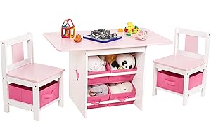 ‎YORBAY Yorbay Kindertisch mit 2 Stühle, Kinderaktivitätstisch mit Stauraum, 3tlg Kindersitzgruppe, Sitzgruppe für Kinder, Maltisch für Kinderzimmer, Spielzimmer, Vorschüler, Kindermöbel (Rosa)