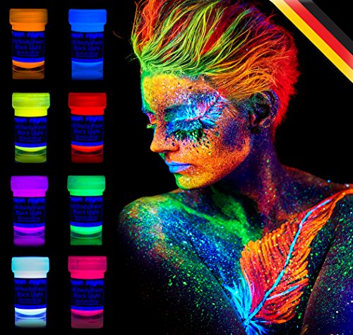 neon nights UV-Licht Bodypainting Schminke | Schwarzlicht-Körperfarbe für Body und Facepainting | Fluoreszierende Farben im Schminkset für knalligen Glow-Effekt | 8 x 20ml Leucht-Farben