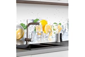 MyMaxxi Küchenrückwand Folie selbstklebend matt Versteift - einfache Montage ohne Bohren - Motiv Zitrone - 60cm hoch - Spritzschutz Küche Klebefolie - Obst Blätter 400 x 60cm