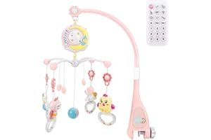CALISTOUK Móvil Musical para Cuna de Bebé con Mando a Distancia Luz de Estrellas Campanilla Decoración Sonajero para Cama Juguete Proyector de Cuna para Bebés Recién Nacidos (rosa)
