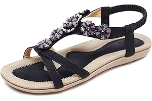 KUNWFNIX Summer Women's Flat Sandals Ladies Rhinestone Bohemian Walking Sandals Dress Shoes for Outdoor Beach Wedding