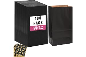 Gcardist 100 stycken svarta treat papperspåsar med 100 klistermärken 13 x 7,9 x 23,9 cm kraft liten fest presentpåse snackspå