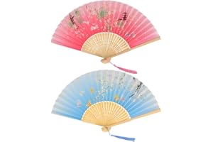 CRITIVE-SHOP Hand Fan Folding Set of 2 - Folding Fan for Women -Handheld Fan Folding Antique with Tassels for Gifts -Bamboo Silk chinese fan for Decoration, Music Festival, Dance, Party, Performance